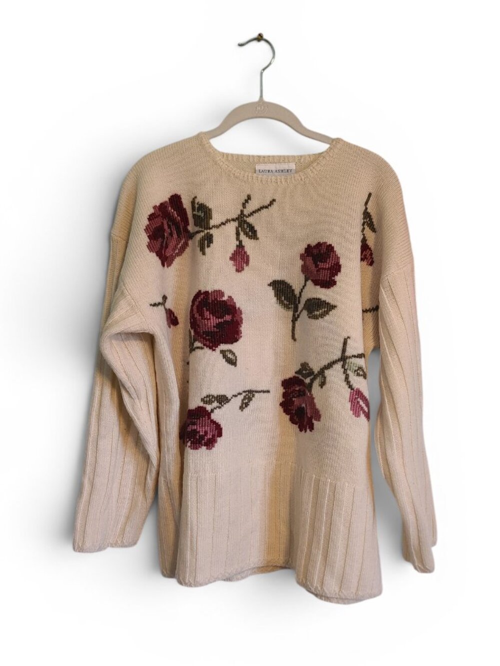 Vintage Laura Ashley Pure Wool Cream Floral Rose Knit Pullover Sweater Grandma